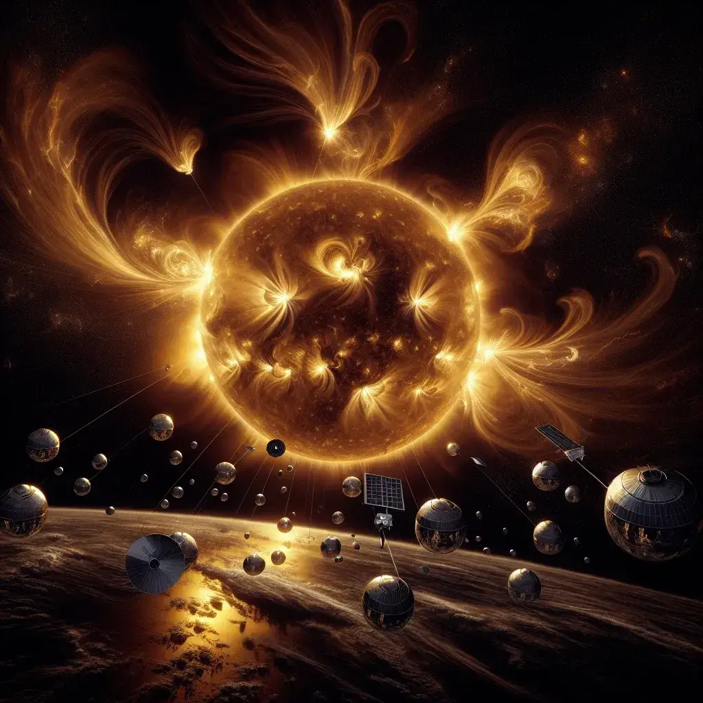 "Imagem de satélites capturando tempestades solares intensas, destacando os fenômenos espaciais mais significativos da década e suas implicações para a Terra."