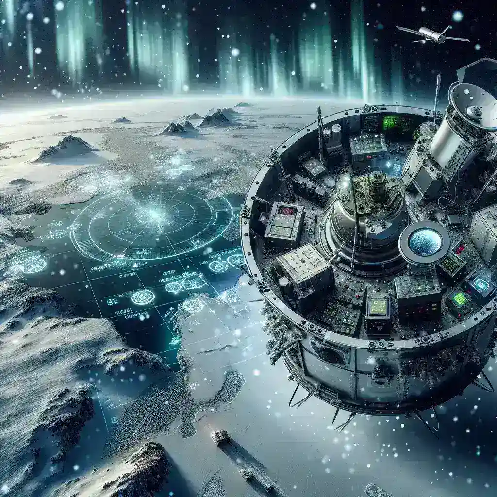 "Satélites militares monitorando atividades em regiões polares, destacando a tecnologia de vigilância espacial e sua importância na segurança nacional."